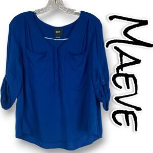 Maeve Anthropologie Royal Blue Rayon Blouse Roll Tab Sleeve Womens Size Small